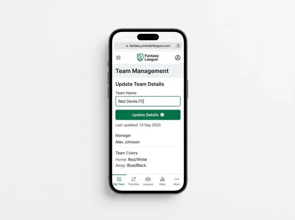 Changing FPL team name on a mobile browser showing the Team Details page on a phone screen