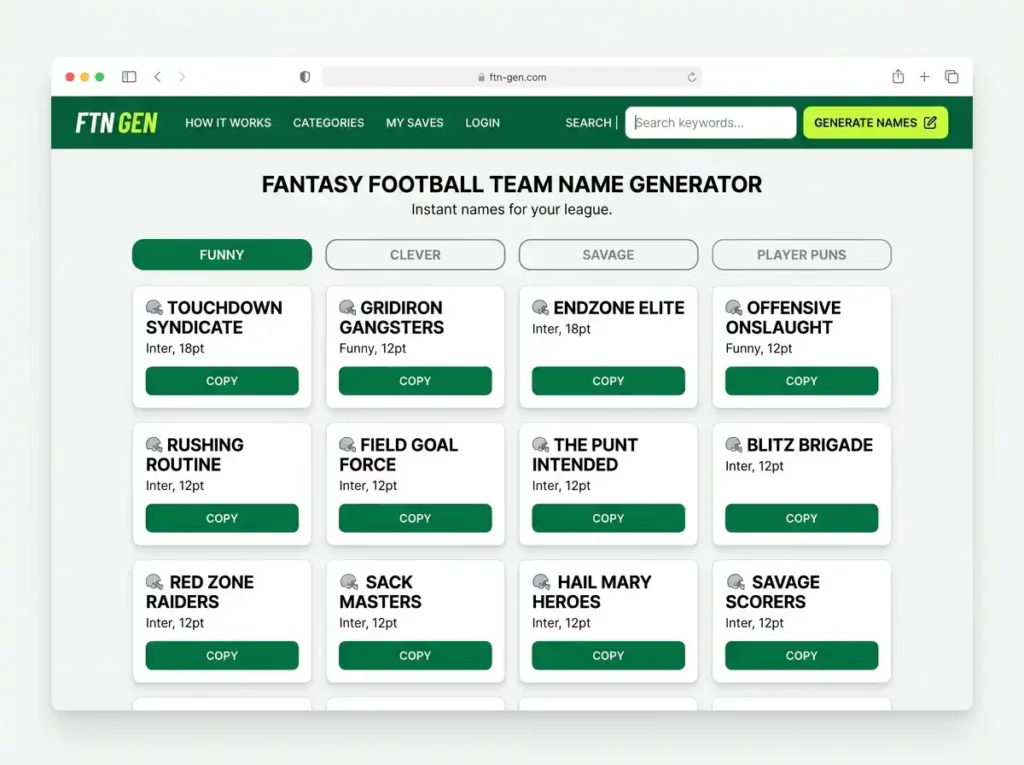 Fantasy football team name generator tool showing FPL-ready names that fit the 20 character limit