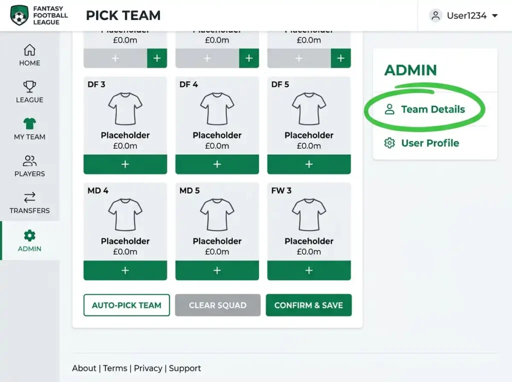 FPL Pick Team page showing the Admin section with Team Details link highlighted