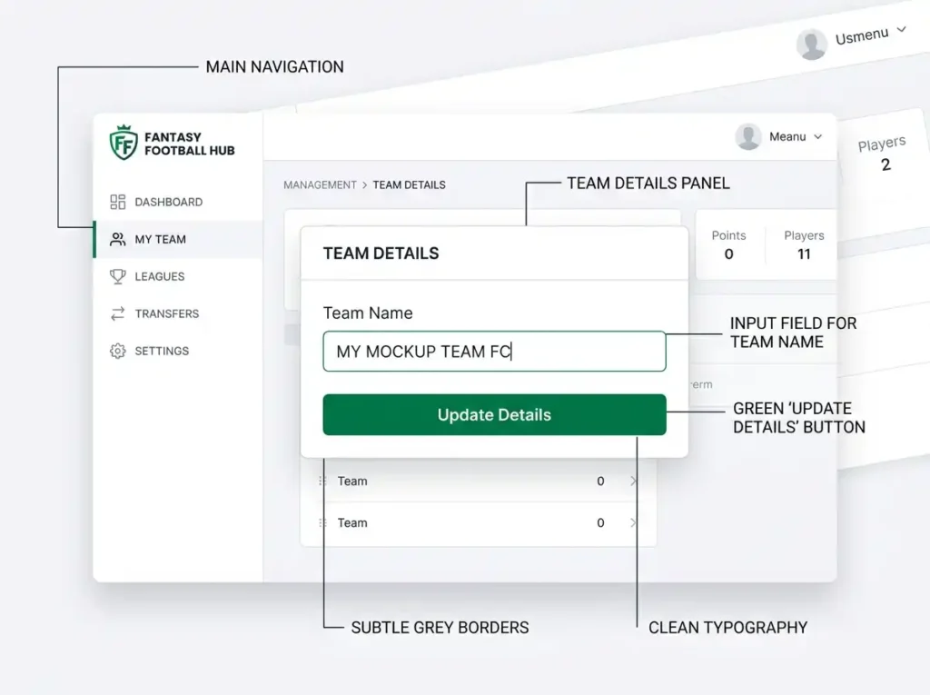 Fantasy Premier League team details page where managers can edit their team name