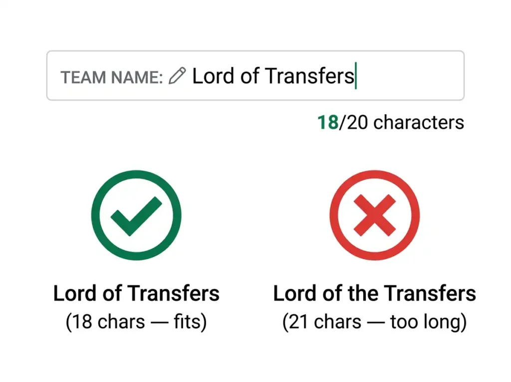 FPL team name character counter showing 20 character maximum limit with example names